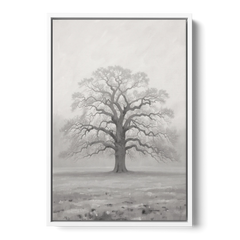 Black and White Tree Painting in Fog - White Framed Canvas Wall Art - Front