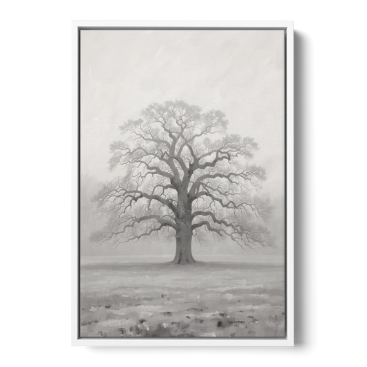 Black and White Tree Painting in Fog - White Framed Canvas Wall Art - Front