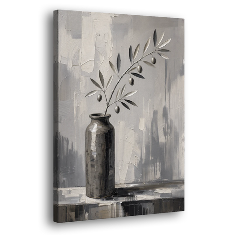 Black and White Vase Painting with Olive Branch - Canvas Wall Art - Side