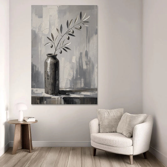Black and White Vase Painting with Olive Branch - Canvas Wall Art - Sofa - 40x60