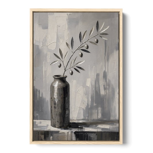 Black and White Vase Painting with Olive Branch - Oak Framed Canvas Wall Art - Front