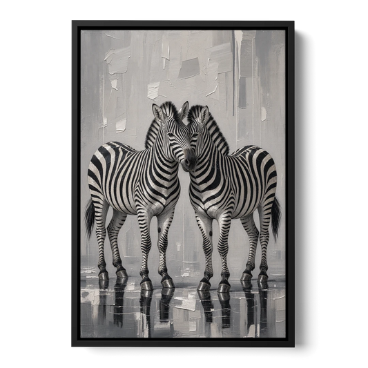 Black and White Zebra Grooming Pair in Palette Knife - Black Framed Canvas Wall Art - Front