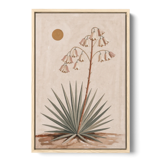Blooming Yucca Stalk with Cream Bells - Oak Framed Canvas Wall Art - Front