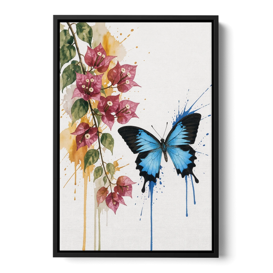 Blue Butterfly Painting with Bougainvillea - Black Framed Canvas Wall Art - Front