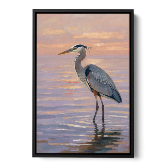 Blue Heron Painting in Twilight Shallows - Black Framed Canvas Wall Art - Front