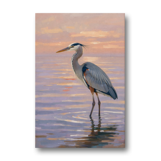 Blue Heron Painting in Twilight Shallows - Canvas Wall Art - Front