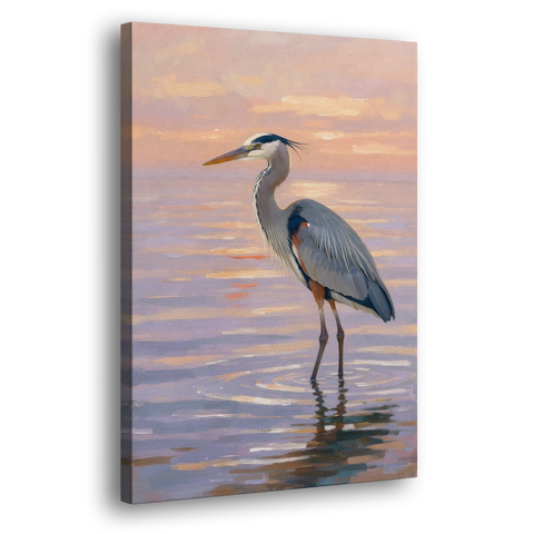 Blue Heron Painting in Twilight Shallows - Canvas Wall Art - Side