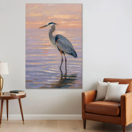 Blue Heron Painting in Twilight Shallows - Canvas Wall Art - Sofa - 40x60