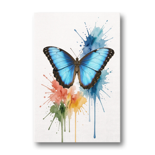 Blue Morpho Butterfly Art in Turquoise Splashes - Canvas Wall Art - Front