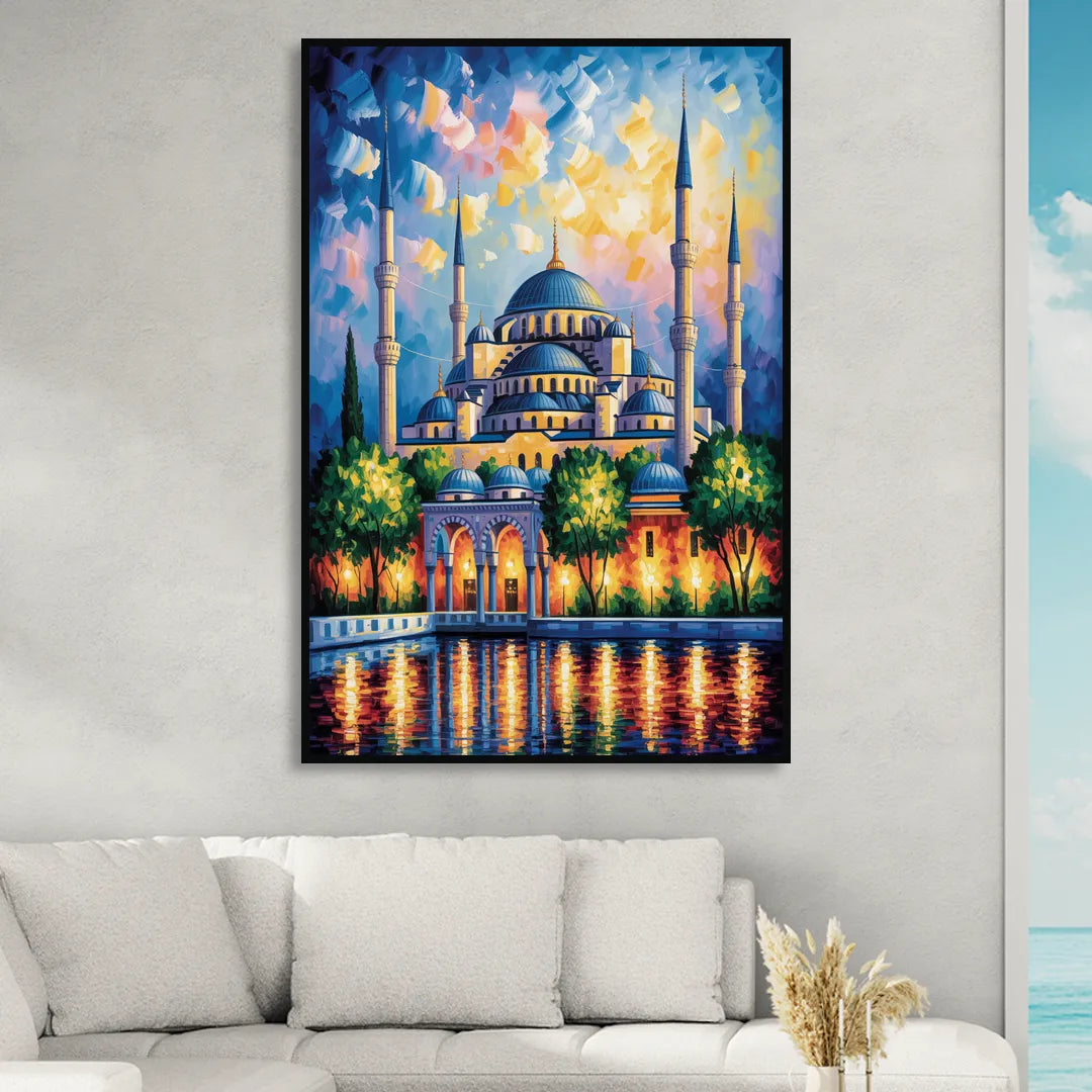Blue Mosque Serenity Sitting Room - Black Canvas Wall Art