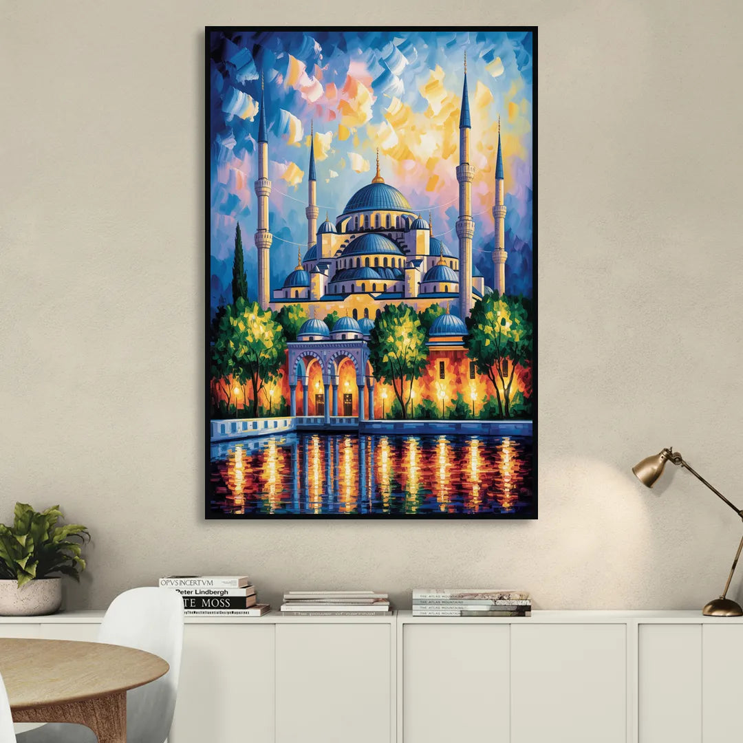 Blue Mosque Serenity Living Room - Black Canvas Wall Art