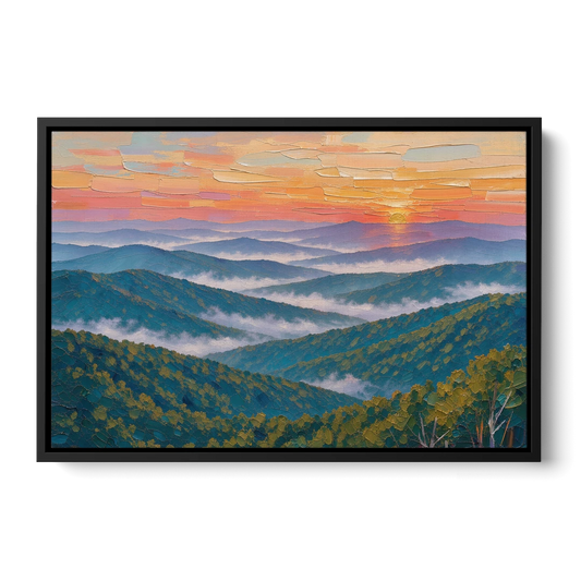 Blue Ridge Mountains Painting at Sunrise - Black Framed Canvas Wall Art - Front