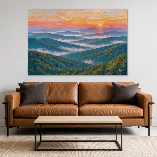 Blue Ridge Mountains Painting at Sunrise - Canvas Wall Art - Sofa - 60x40