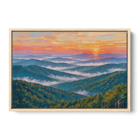 Blue Ridge Mountains Painting at Sunrise - Oak Framed Canvas Wall Art - Front