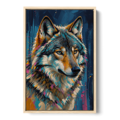 Blue Wolf Art with Magenta Sparks for the Living Room - Oak Framed Canvas Wall Art - Front