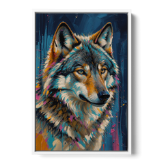 Blue Wolf Art with Magenta Sparks for the Living Room - White Framed Canvas Wall Art - Front