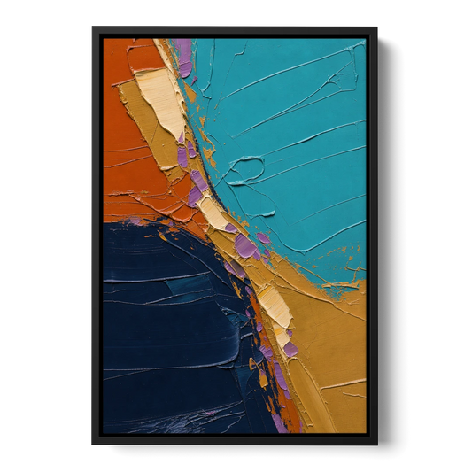 Blue and Orange Abstract Painting with Violet Chips - Black Framed Canvas Wall Art - Front