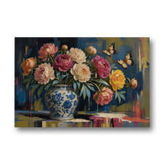 Blue and White Vase Painting With Peonies and Butterflies - Canvas Wall Art - Front