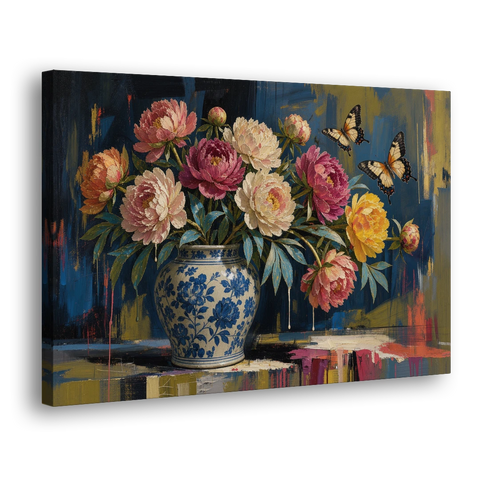 Blue and White Vase Painting With Peonies and Butterflies - Canvas Wall Art - Side