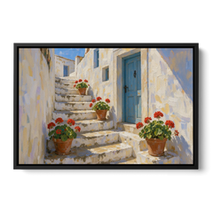 Blue and White Wall Art with Geranium Steps - Black Framed Canvas Wall Art - Front