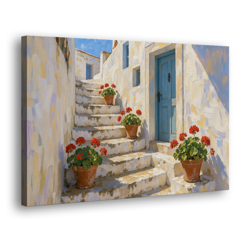 Blue and White Wall Art with Geranium Steps - Canvas Wall Art - Side