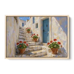 Blue and White Wall Art with Geranium Steps - Oak Framed Canvas Wall Art - Front