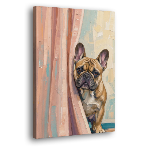 Blush Pink Bathroom Art with a Peeking French Bulldog - Canvas Wall Art - Side