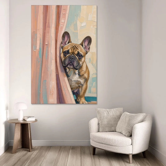 Blush Pink Bathroom Art with a Peeking French Bulldog - Canvas Wall Art - Sofa - 40x60