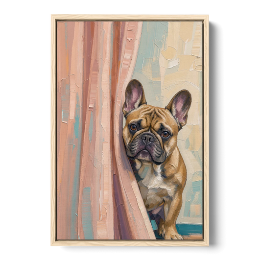 Blush Pink Bathroom Art with a Peeking French Bulldog - Oak Framed Canvas Wall Art - Front