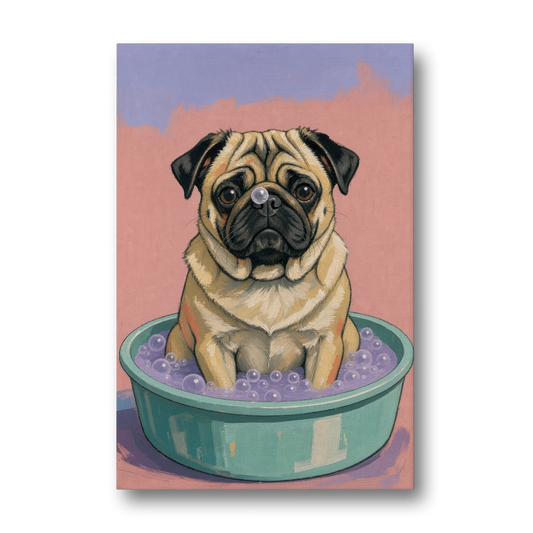 Blush Pink Bathroom Wall Art with a Pug - Canvas Wall Art - Front
