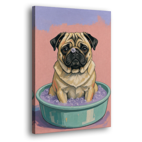 Blush Pink Bathroom Wall Art with a Pug - Canvas Wall Art - Side