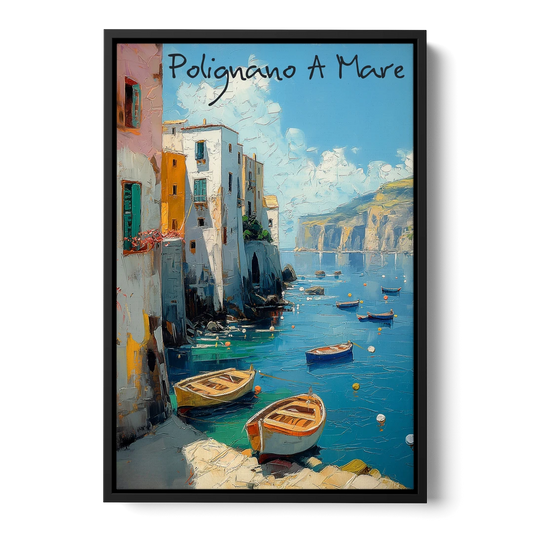 Boats Painting of Polignano a Mare - Black Framed Canvas Wall Art - Front