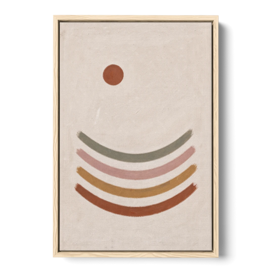 Boho Abstract Art with Clay Sun and Ripples - Oak Framed Canvas Wall Art - Front