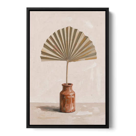 Boho Art Prints Fan Palm in a Clay Bottle - Black Framed Canvas Wall Art - Front