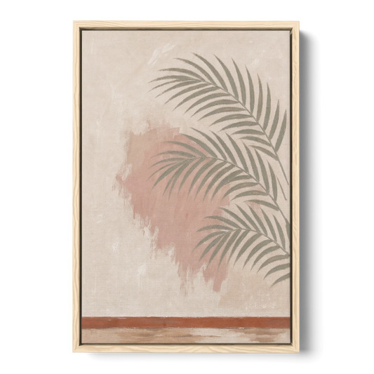 Boho Bathroom Wall Art with Palm Leaf Shadow - Oak Framed Canvas Wall Art - Front