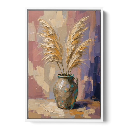 Boho Botanical Pampas Plumes in a Stoneware Jug - White Framed Canvas Wall Art - Front