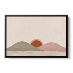 Boho Landscape Painting with Sun Between Hills - Black Framed Canvas Wall Art - Front