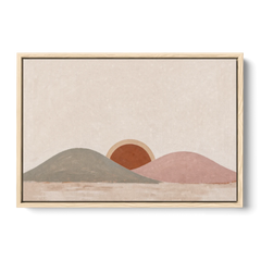 Boho Landscape Painting with Sun Between Hills - Oak Framed Canvas Wall Art - Front