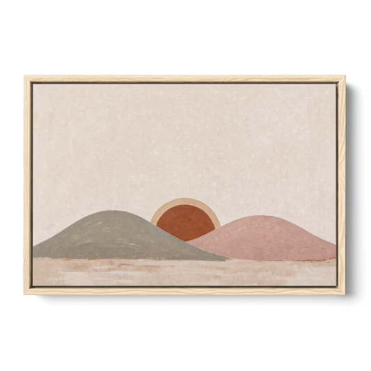 Boho Landscape Painting with Sun Between Hills - Oak Framed Canvas Wall Art - Front