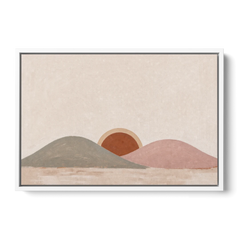 Boho Landscape Painting with Sun Between Hills - White Framed Canvas Wall Art - Front