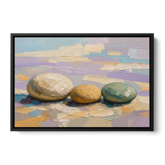 Boho Neutral Pebble Trio in Ivory, Ochre and Sage - Black Framed Canvas Wall Art - Front
