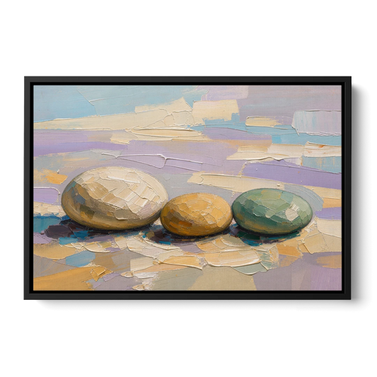 Boho Neutral Pebble Trio in Ivory, Ochre and Sage - Black Framed Canvas Wall Art - Front