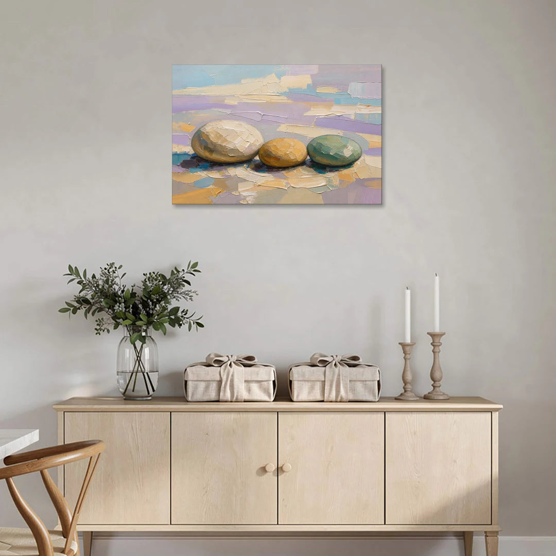 Boho Neutral Pebble Trio in Ivory, Ochre and Sage - Canvas Wall Art - Coffee Table - 36x24