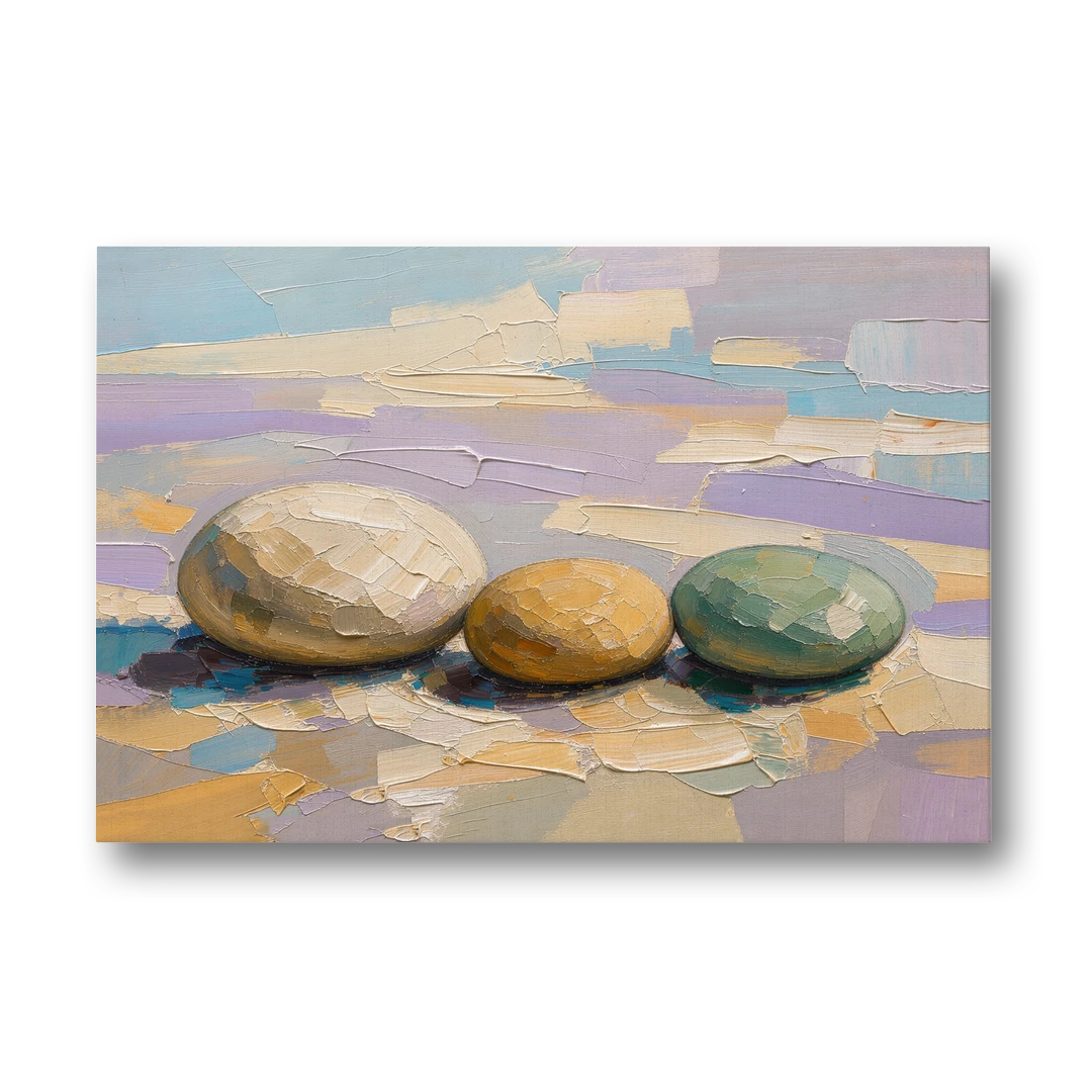Boho Neutral Pebble Trio in Ivory, Ochre and Sage - Canvas Wall Art - Front