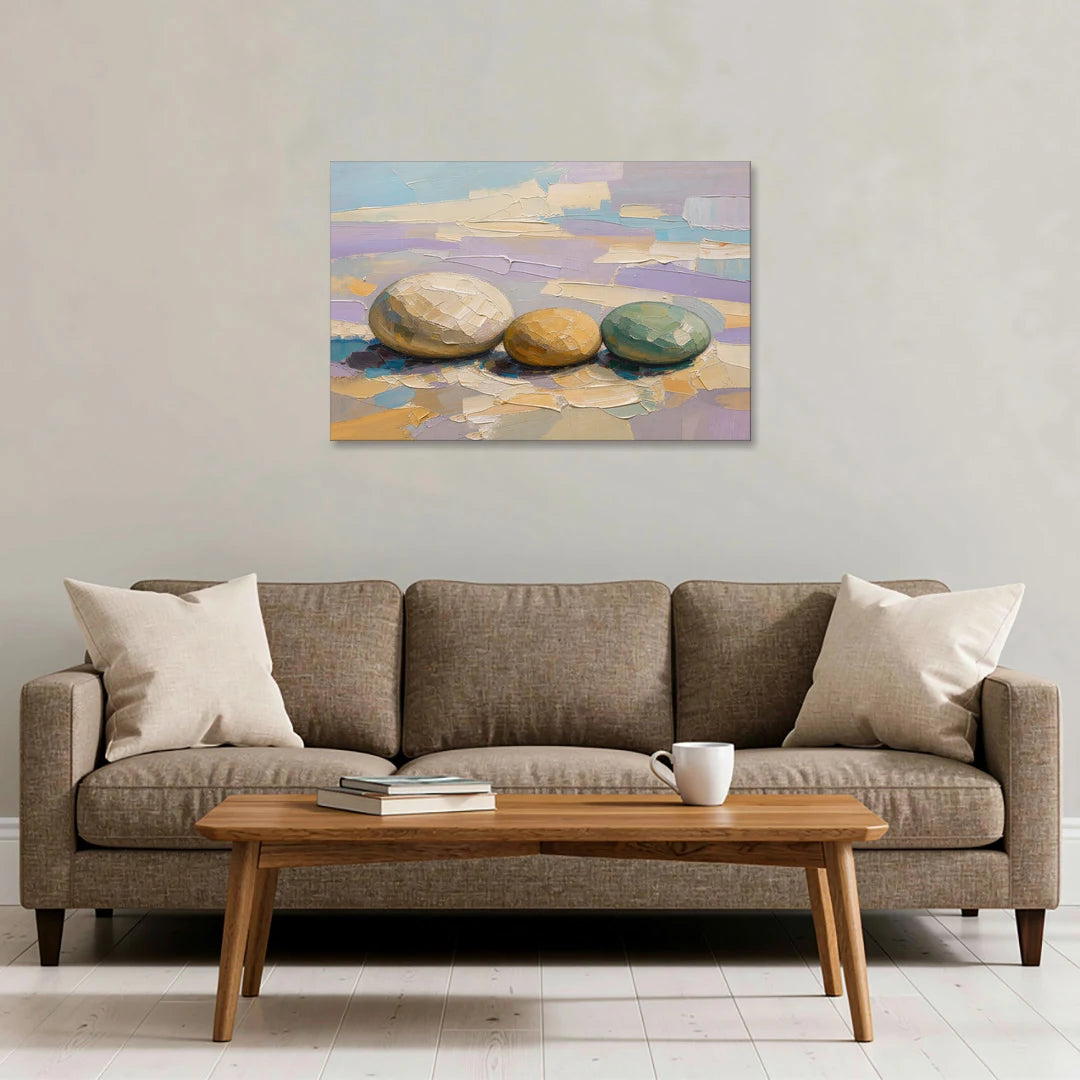 Boho Neutral Pebble Trio in Ivory, Ochre and Sage - Canvas Wall Art - Sofa - 36x24