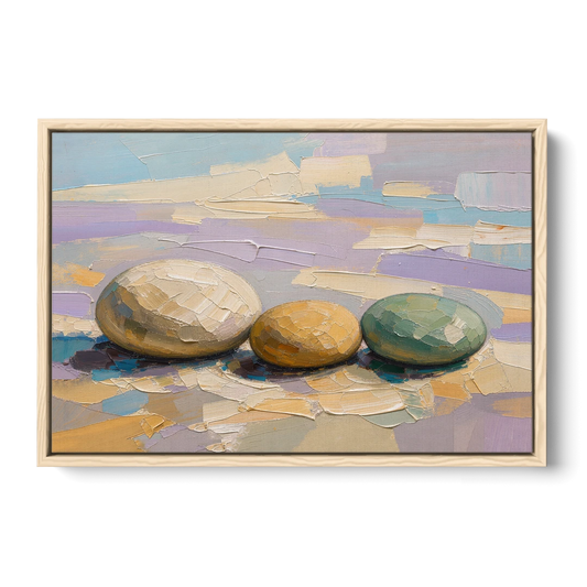 Boho Neutral Pebble Trio in Ivory, Ochre and Sage - Oak Framed Canvas Wall Art - Front