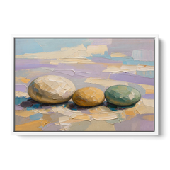Boho Neutral Pebble Trio in Ivory, Ochre and Sage - White Framed Canvas Wall Art - Front