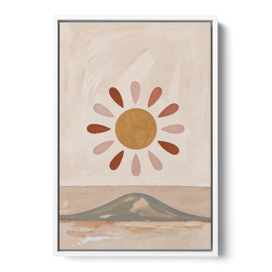 Boho Paintings Sun Rising Over a Gentle Hill - White Framed Canvas Wall Art - Front