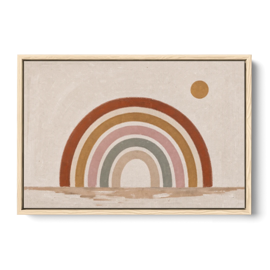 Boho Rainbow Wall Art with a Floating Sun - Oak Framed Canvas Wall Art - Front
