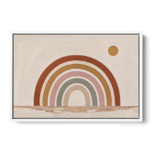 Boho Rainbow Wall Art with a Floating Sun - White Framed Canvas Wall Art - Front